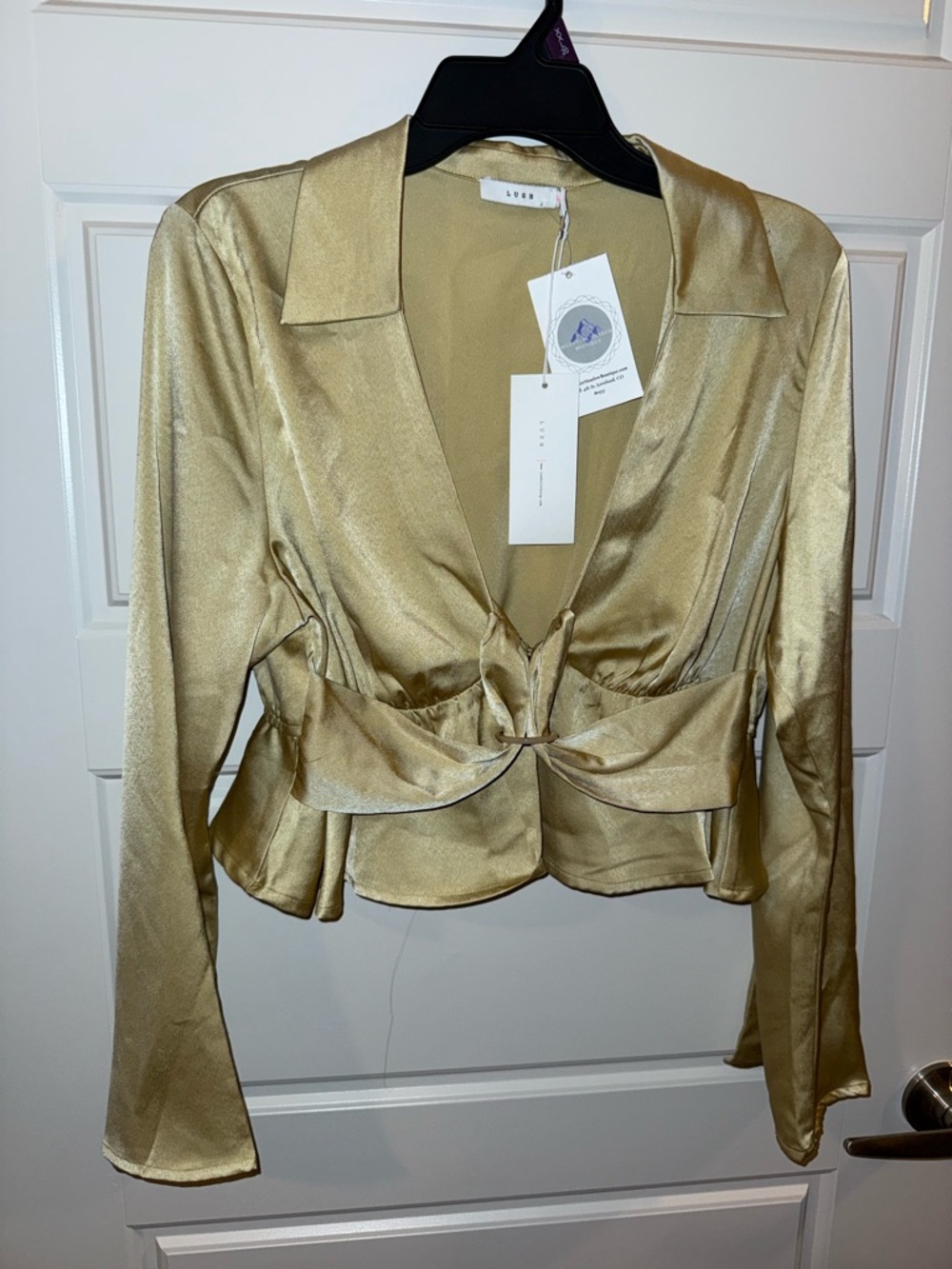 Lush Gold Satin V-Neck Tie Blouse